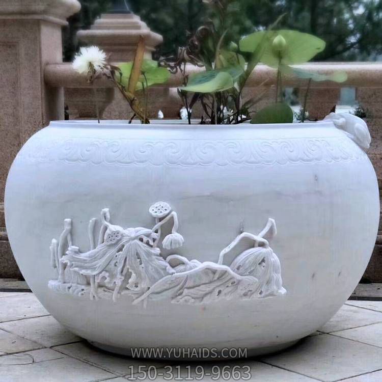 青石大理石庭院魚(yú)缸擺件仿古做舊魚(yú)缸戶外養(yǎng)魚(yú)缸擺件雕塑