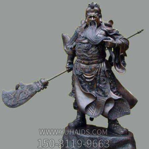古銅關(guān)公像，右手持刀左手捻須站立的關(guān)于銅雕像雕塑