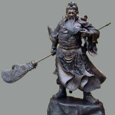 古銅關(guān)公像，右手持刀左手捻須站立的關(guān)于銅雕像