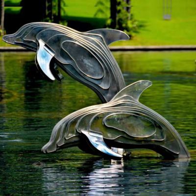 不銹鋼海豚雕塑，池塘水景抽象海豚景觀動(dòng)物雕塑