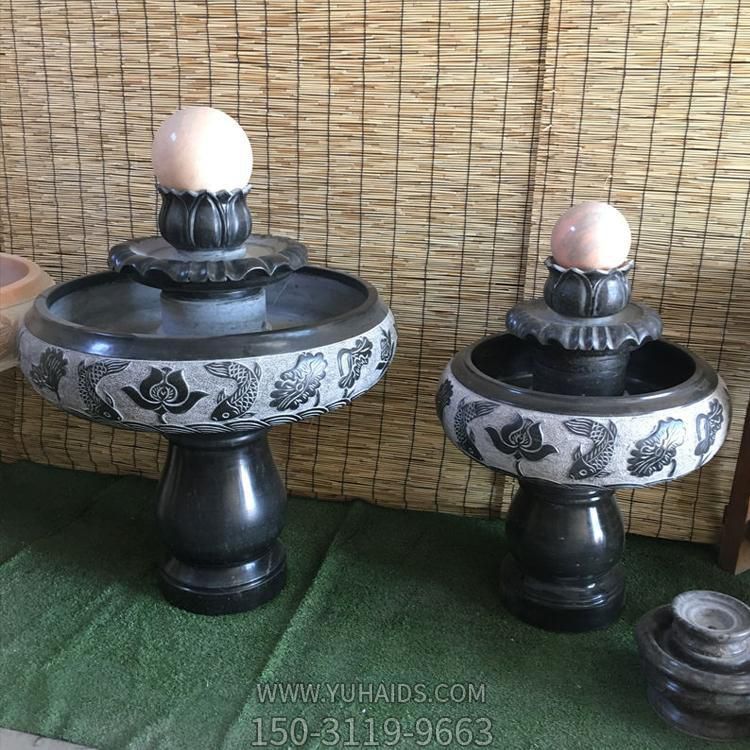 小型室內(nèi)黑色大理石風水球水缽，辦公家用招財風水擺件雕塑