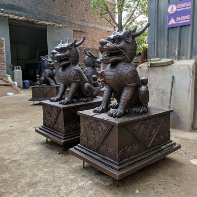銅麒麟，黃銅鑄造麒麟銅雕一對(duì)