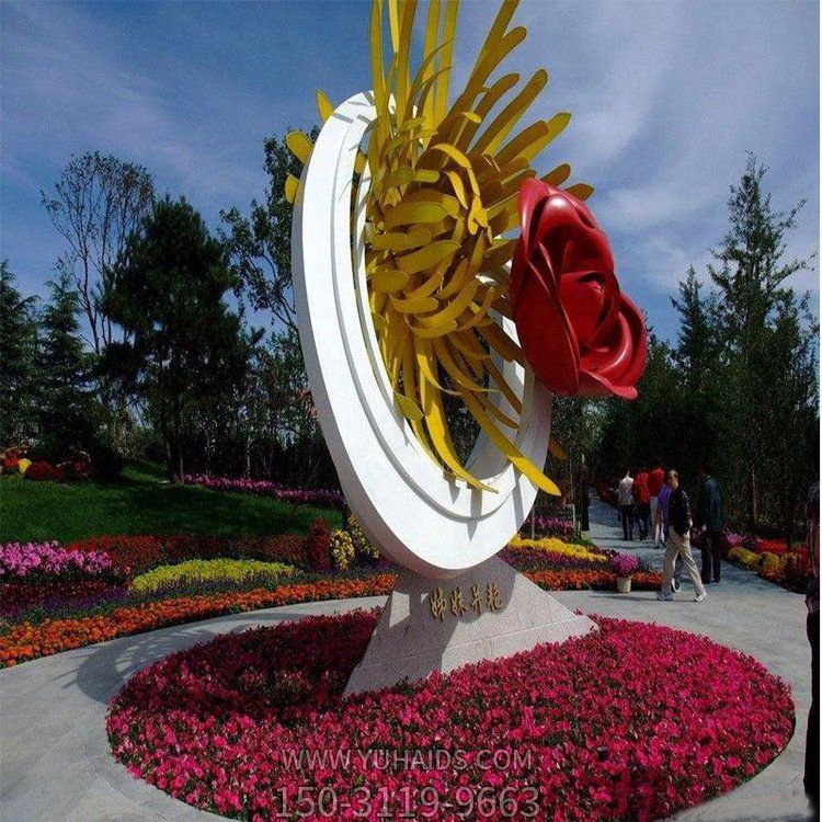 姊妹并艷，不銹鋼創(chuàng)意玫瑰花、菊花景觀雕塑