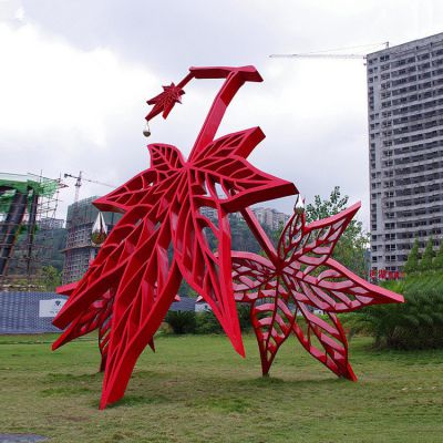 不銹鋼樹(shù)葉景觀擺件，紅色楓葉不銹鋼雕塑