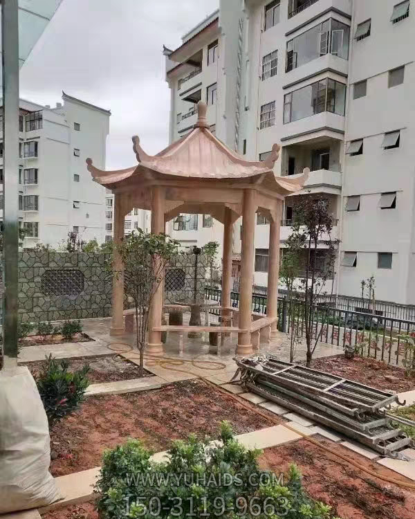 小區(qū)園林石涼亭，晚霞紅大理石石雕亭子雕塑