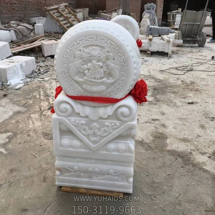 天然石材漢白玉浮雕花開(kāi)富貴招財(cái)抱鼓石雕塑