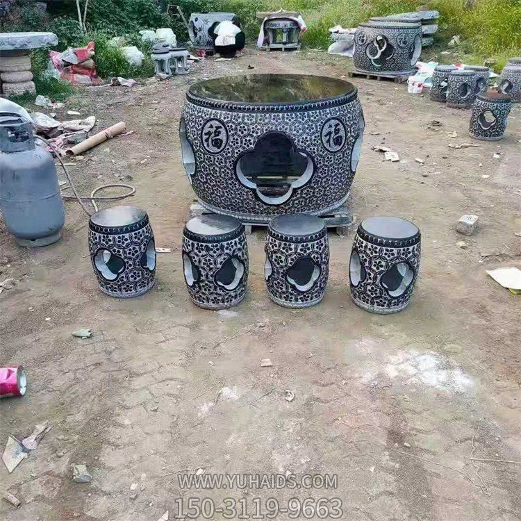 石雕桌凳，青石圓桌凳雕塑