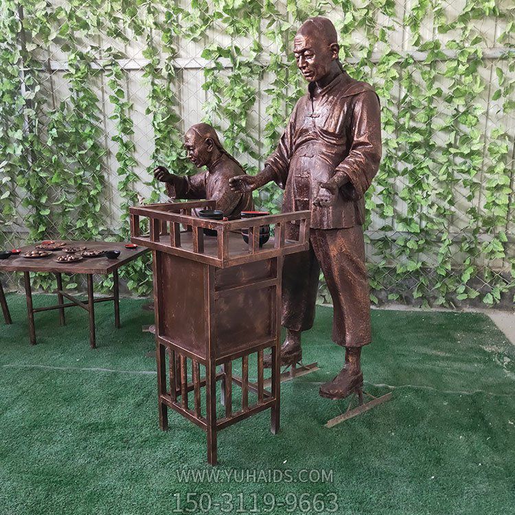 吃面，玻璃鋼仿銅民俗生活場景雕塑