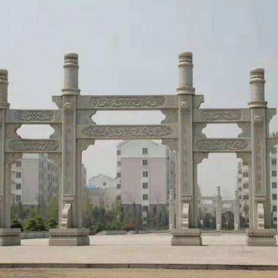 大型大理石石雕戶外園林景觀創(chuàng)意三門(mén)牌坊雕塑