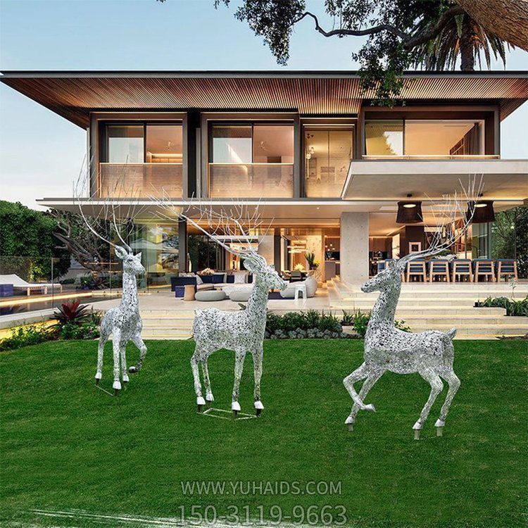草坪動(dòng)物雕塑擺件，不銹鋼梅花鹿