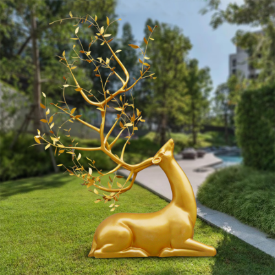 玻璃鋼金色創(chuàng)意梅花鹿，園林草坪動物擺件